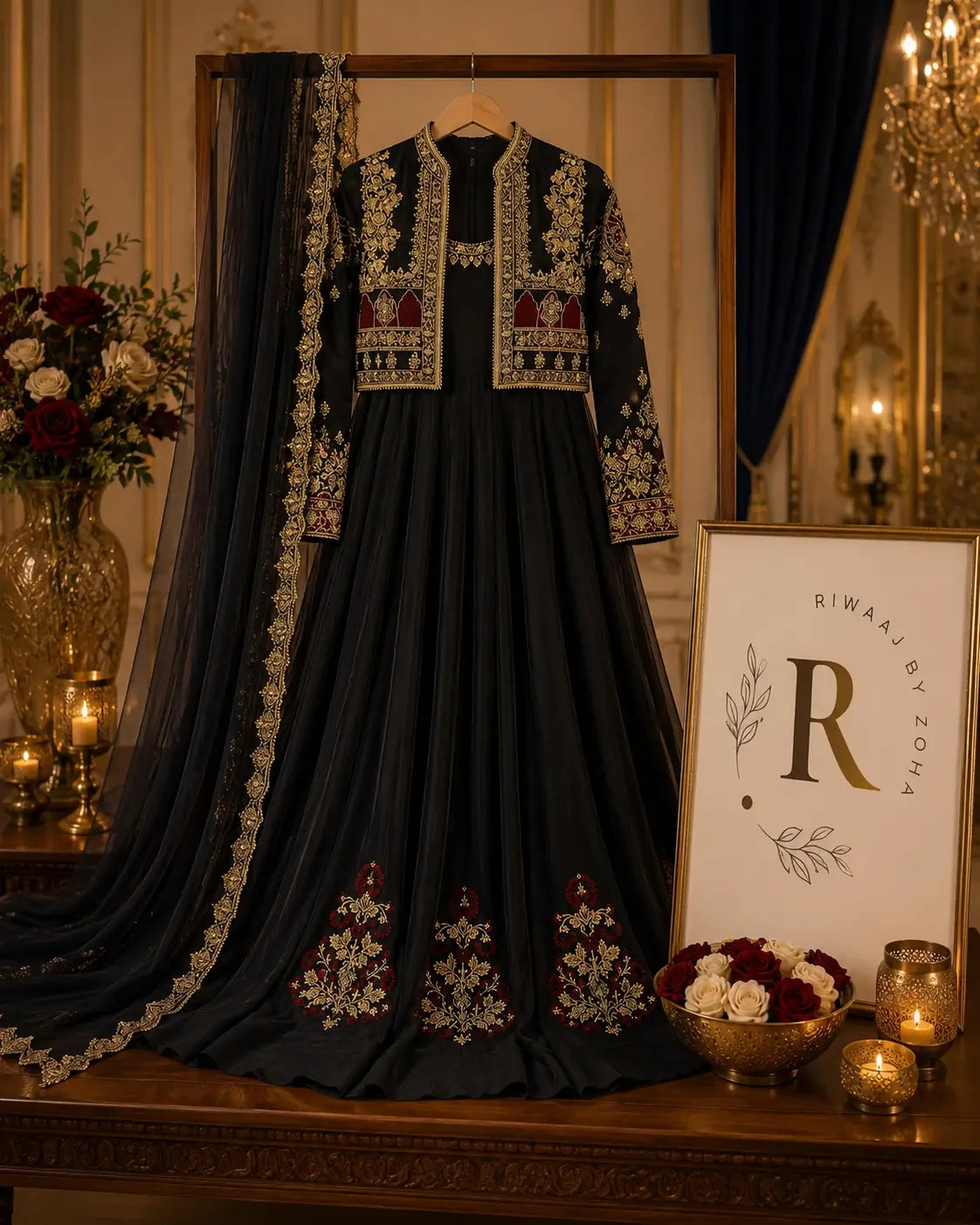 Black Embroidered Maxi with Embellished Short Jacket