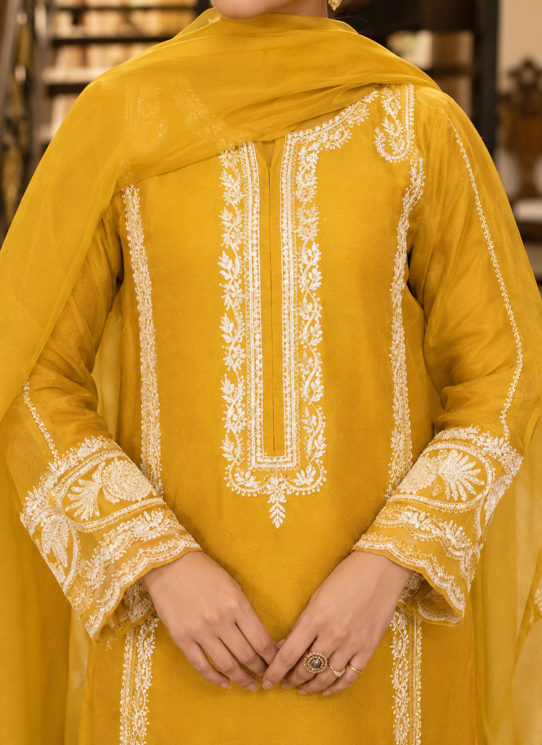 Mustard Raw Silk 3-Piece Suit with Organza Dupatta