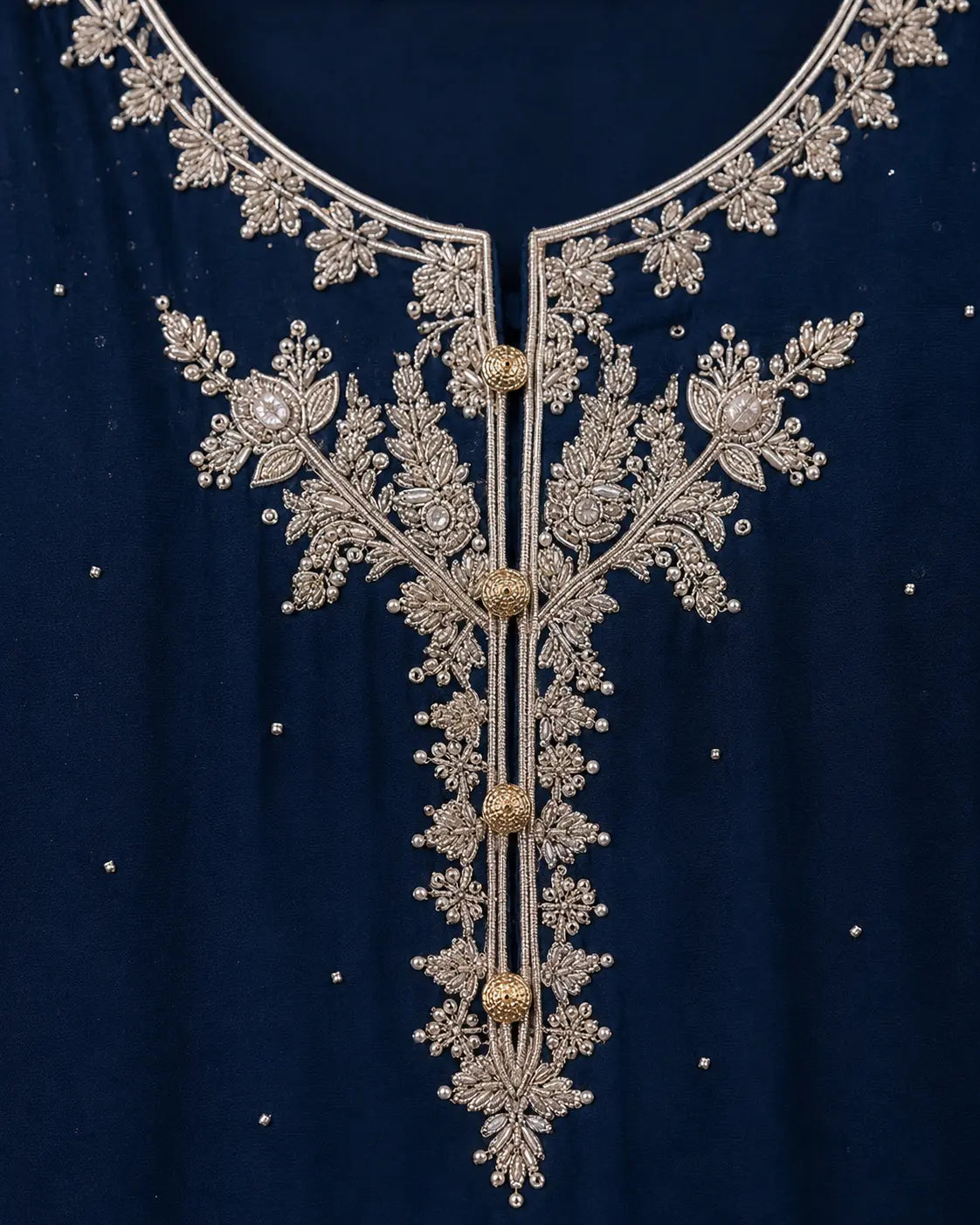 Navy Blue Embroidered Korean Raw Silk Dress with Pure Chiffon Dupatta – Pakistani Luxury 3-Piece Suit | Party & Festive Wear