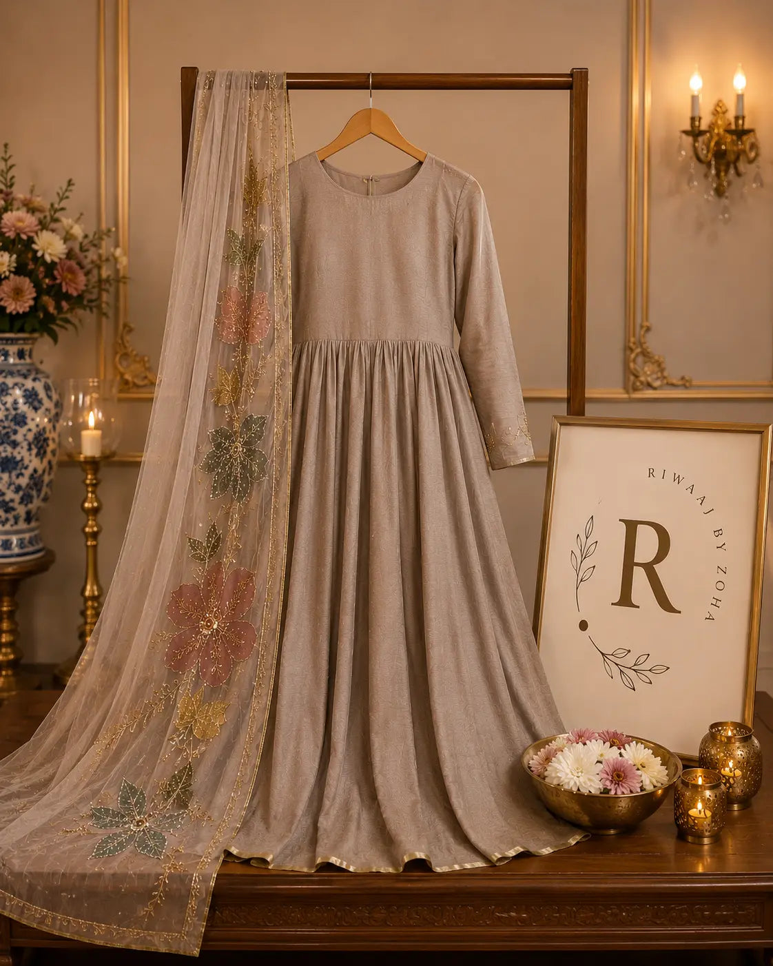Hand-Painted Organza Dupatta Raw Silk Soft Taupe Beige Maxi Set