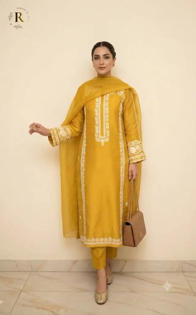 Mustard Raw Silk 3-Piece Suit with Organza Dupatta