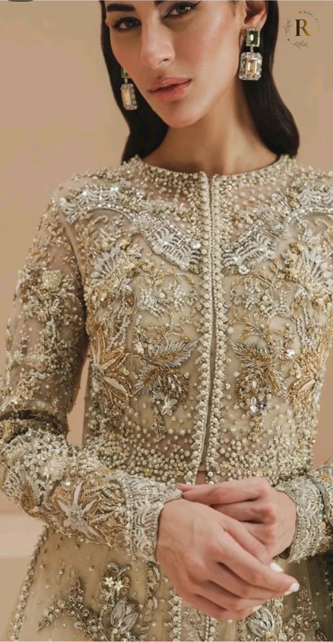 Ivory Bridal Net Lehenga Set – Hand Embellished Front Open Shirt with Heavy Dupatta