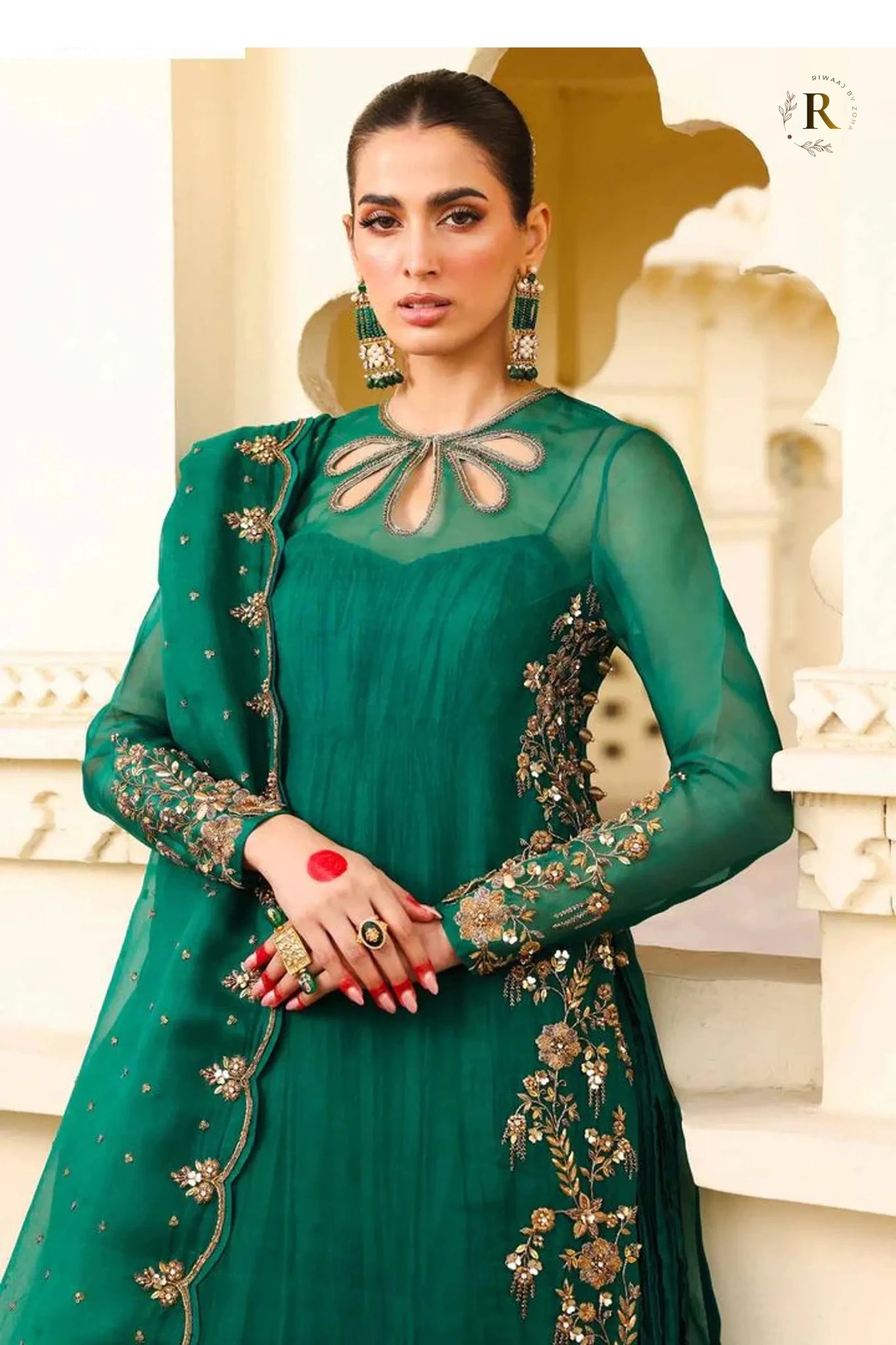 Emerald Green Chiffon 3-Piece Luxury Suit with Crush Sharara