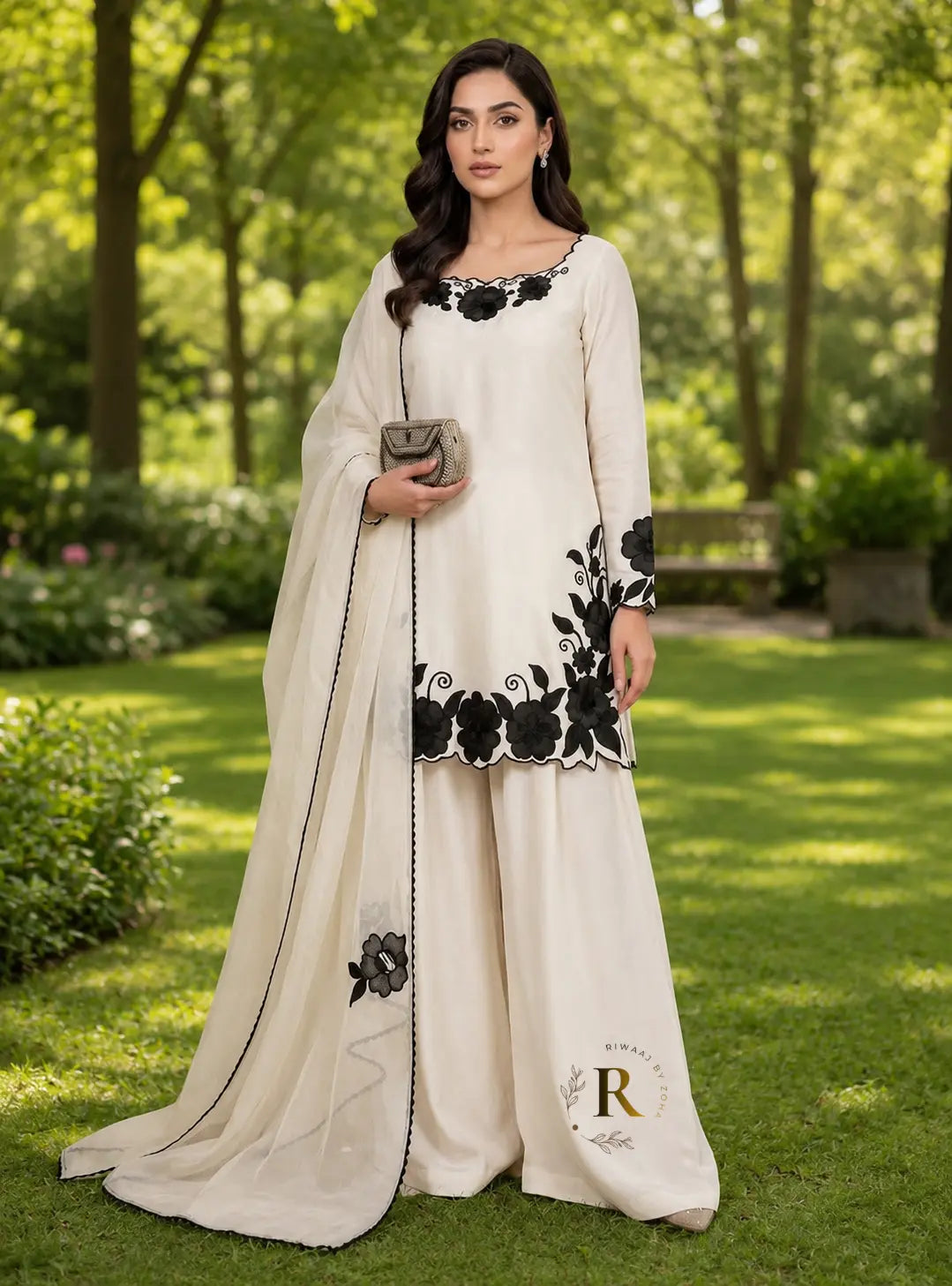 Ivory Grip Fabric 3-Piece Suit with Chiffon Dupatta