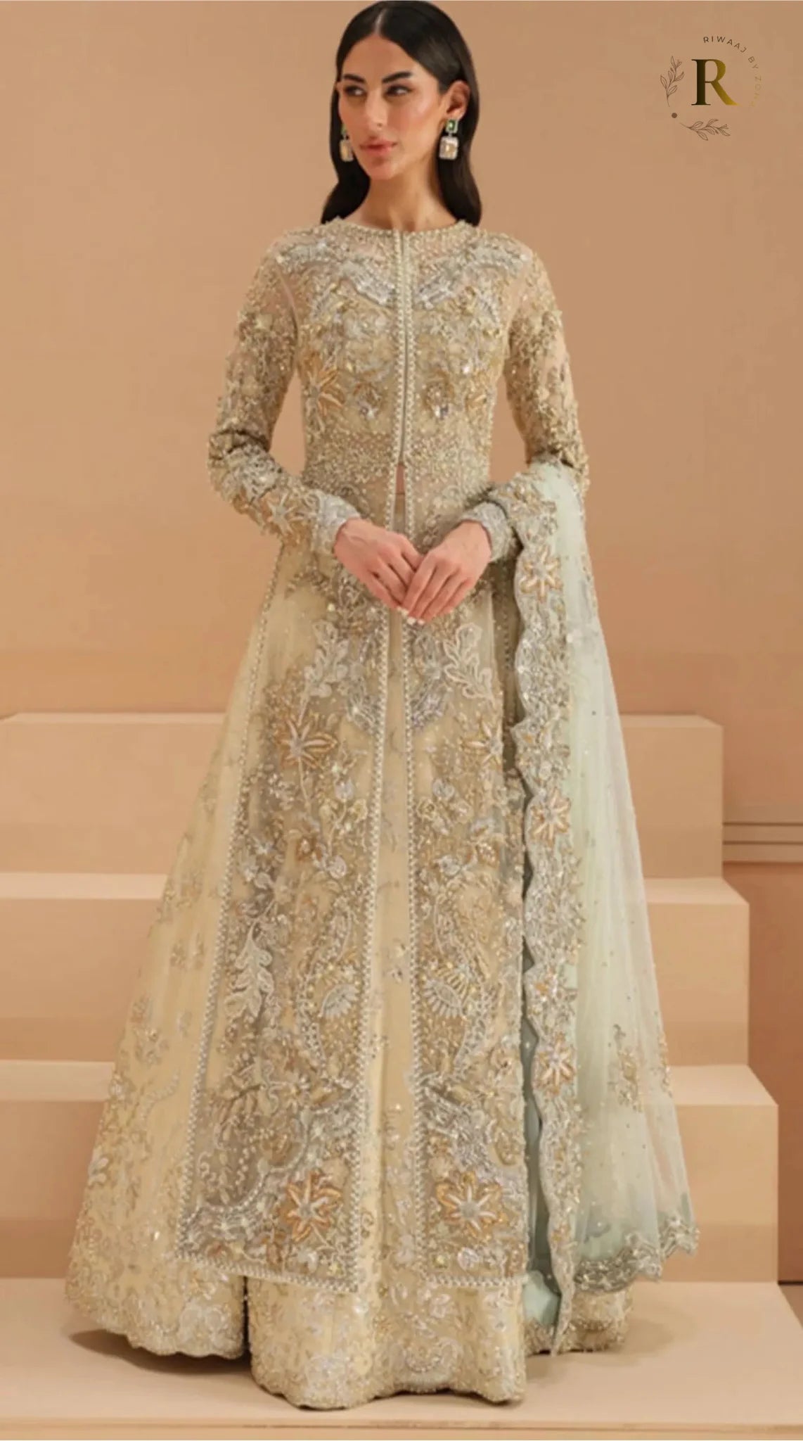 Ivory Bridal Net Lehenga Set – Hand Embellished Front Open Shirt with Heavy Dupatta