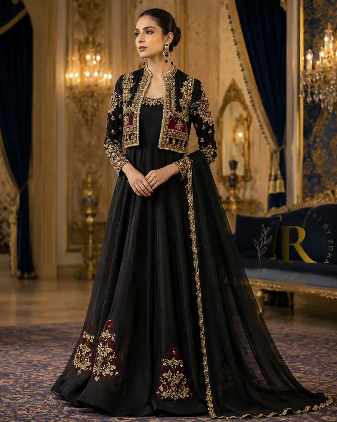 Black Embroidered Maxi with Embellished Short Jacket