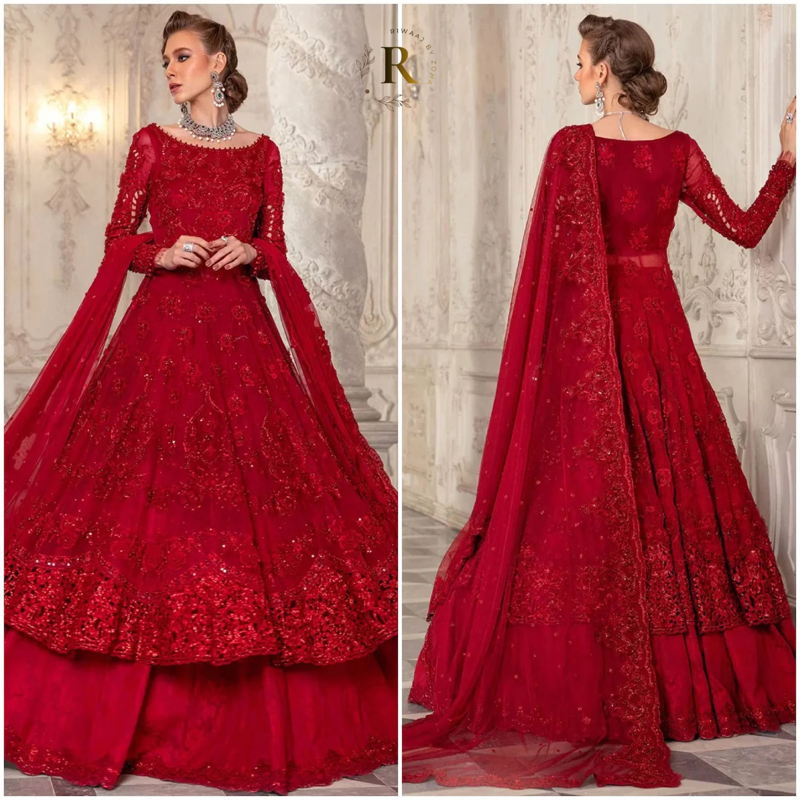 Red Organza Lehenga – Embroidered Pakistani Indian Gown, Wedding Party Dress