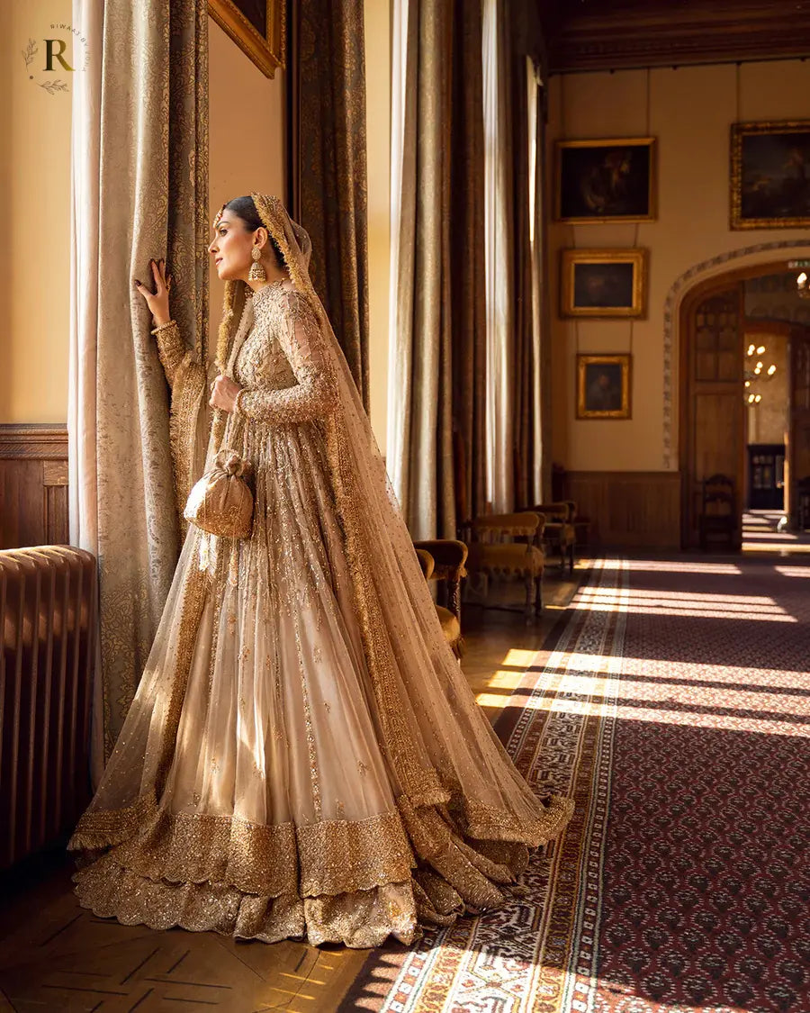 Pakistani Bridal Maxi – Gold Embellished Wedding Outfit