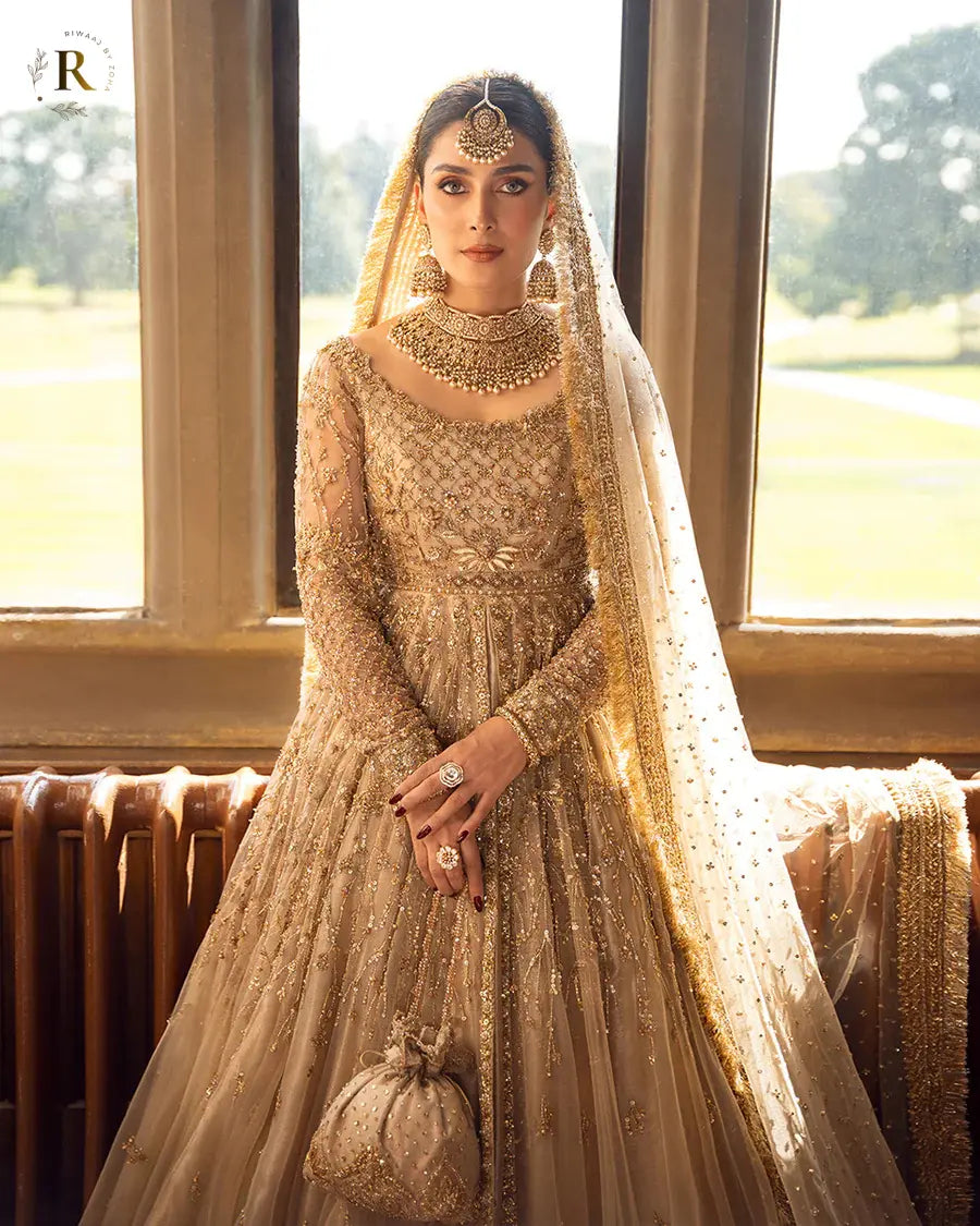 Pakistani Bridal Maxi – Gold Embellished Wedding Outfit