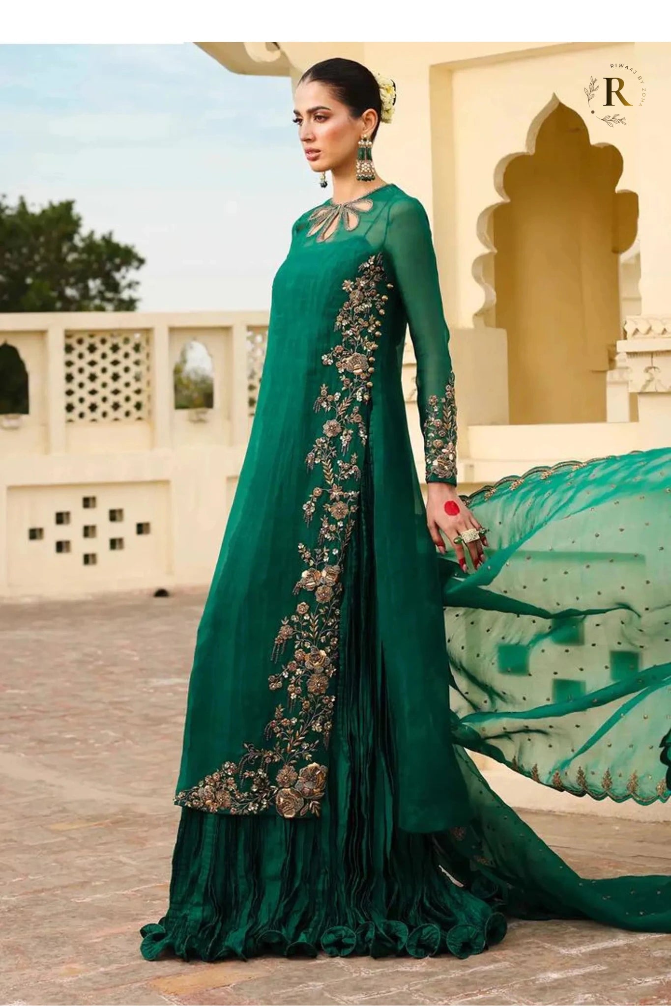 Emerald Green Chiffon 3-Piece Luxury Suit with Crush Sharara