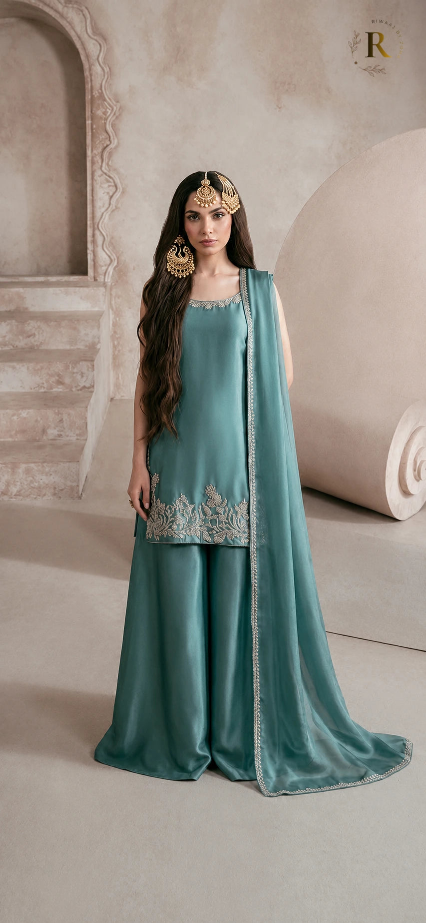 Sea Green Shisha Silk 3-Piece Luxury Suit