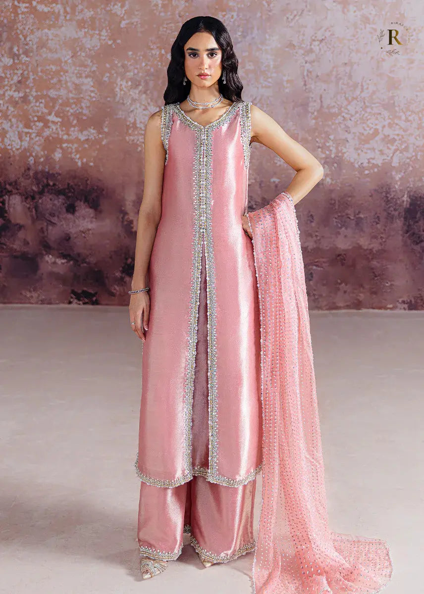 Pink party wear dress, hand emblishment,  handcrafted Ada work