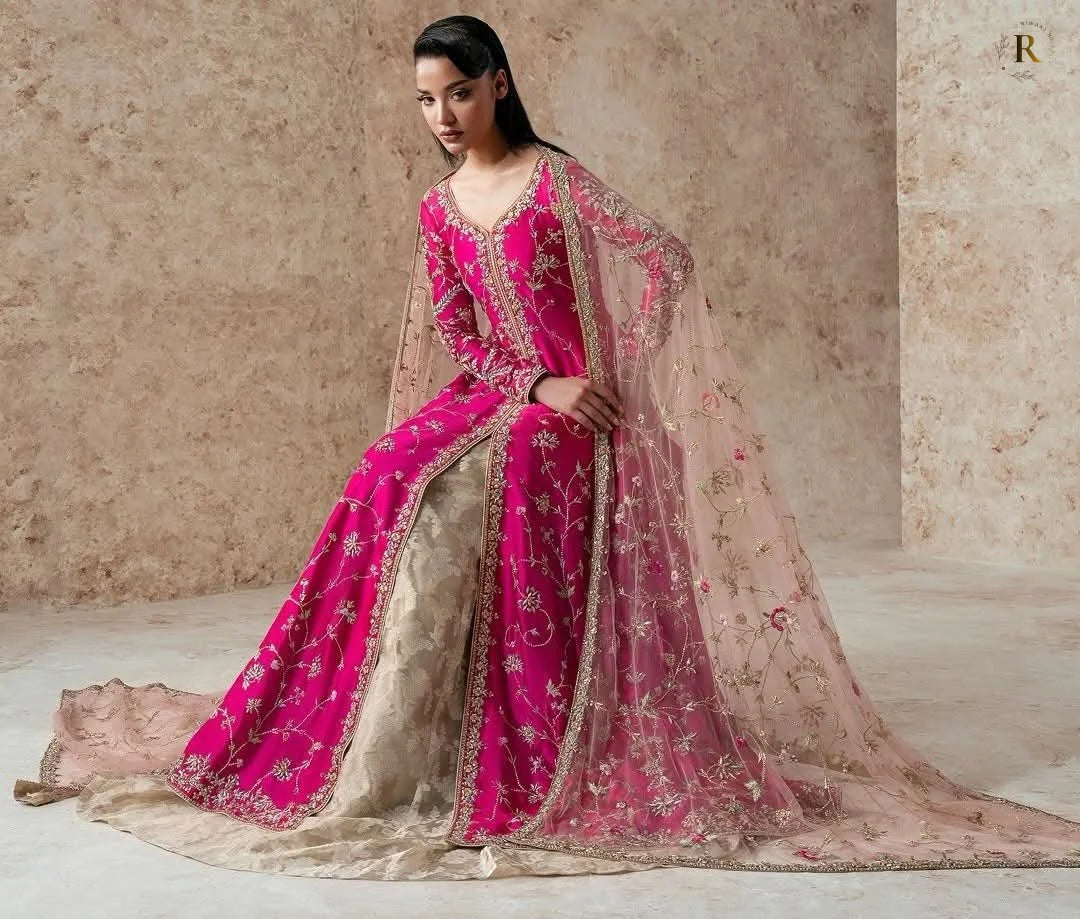 Hot Pink Shisha Silk Open Front Maxi with Embroidered Net Dupatta – Pakistani Luxury Wedding Dress | Mehndi, Nikah & Reception Outfit