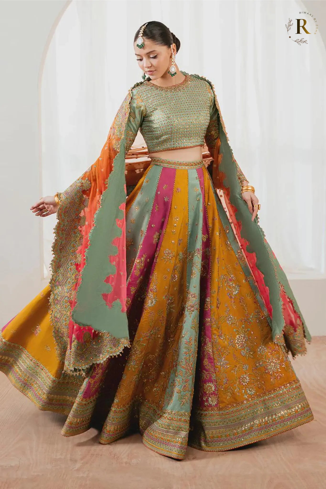 Multicolor Pakistani Lehenga Choli with Embroidered Dupatta – Luxury Mehndi & Mayoun Dress | Designer Wedding Wear