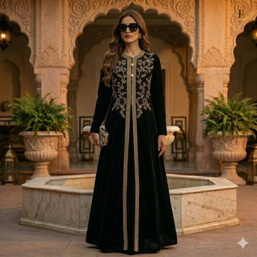 Black Embroidered Gown with Jamawar Inner – Luxury Pakistani Wedding Dress | Designer Formal Maxi