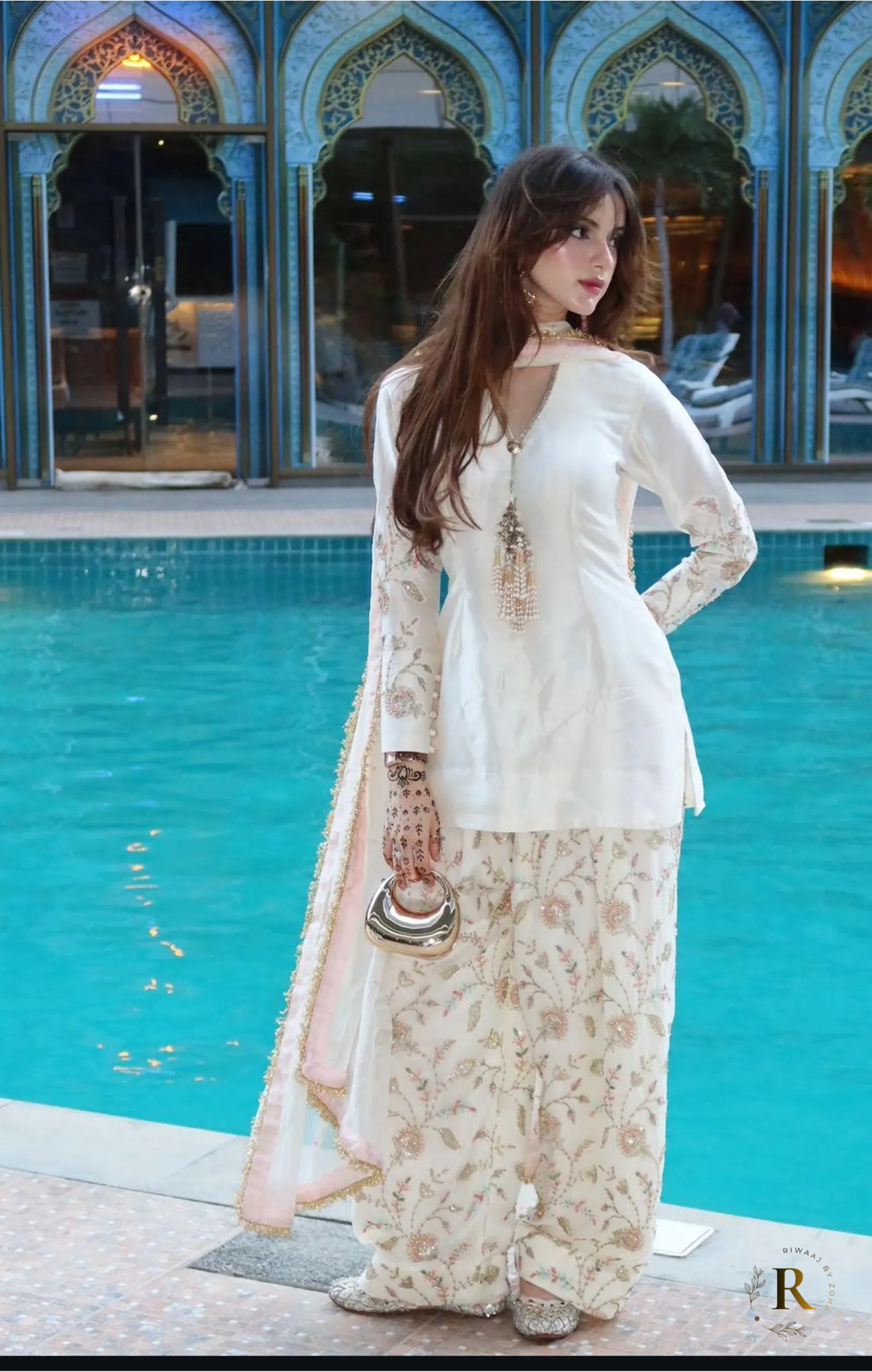 Farshi Shalwar with Embroidered Shalwar & Plain Short Shirt – Pakistani Traditional 3-Piece Suit | Luxury Festive Wear