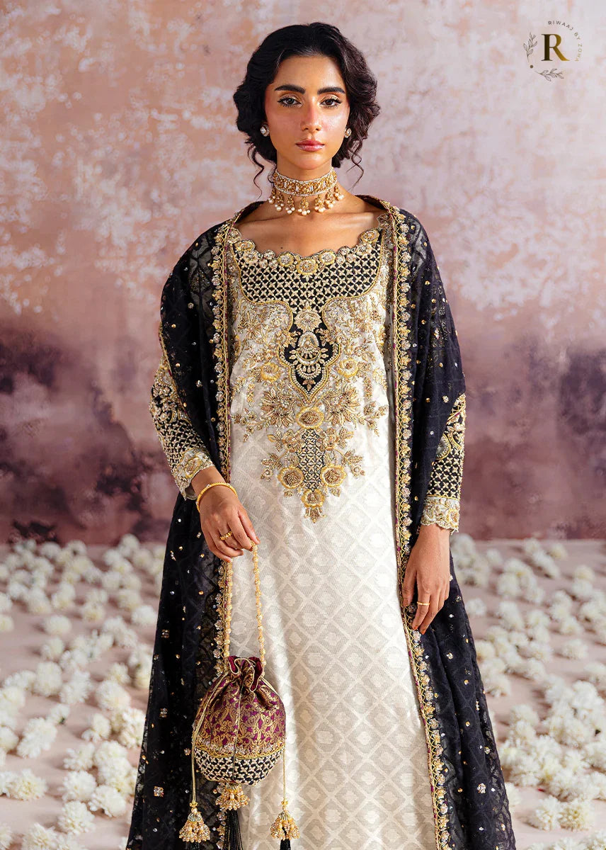 Black & Off-White Ada Work Dress – Shisha Silk Suit with Net Dupatta | Luxury Pakistani Designer Wear