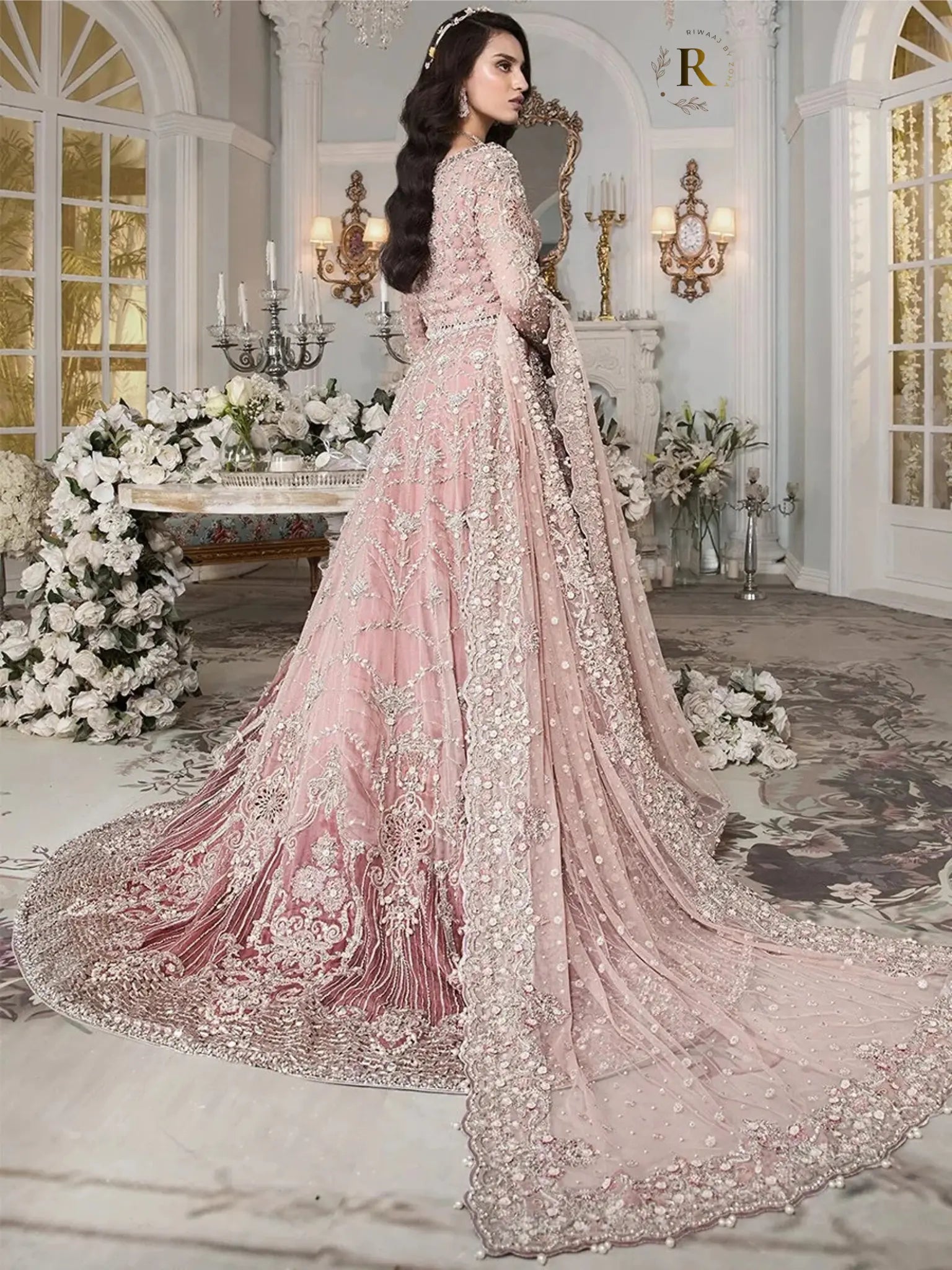 Embroidered Wedding Gown Powder Pink Maxi Suit