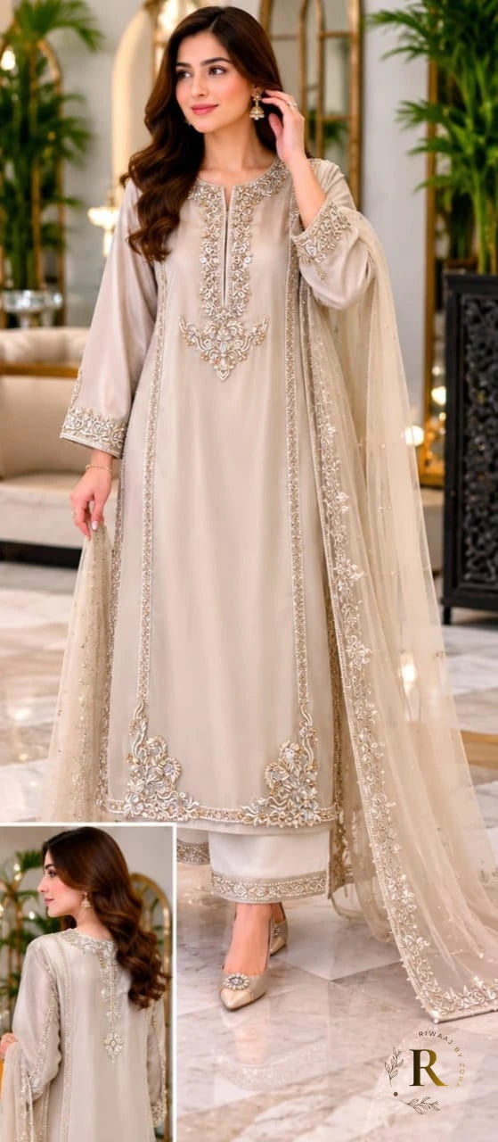 Elegant Ivory Embroidered 3-Piece Suit