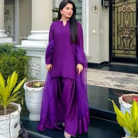 ElegantSilk Farshi Shalwar Suit with Plain Organza Dupatta – Luxury Pakistani Traditional Wear