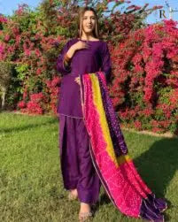 Plain Slub Dress with Colorful Chunri Chiffon Dupatta – Pakistani Traditional 2-Piece Suit | Heritage Festive Wear