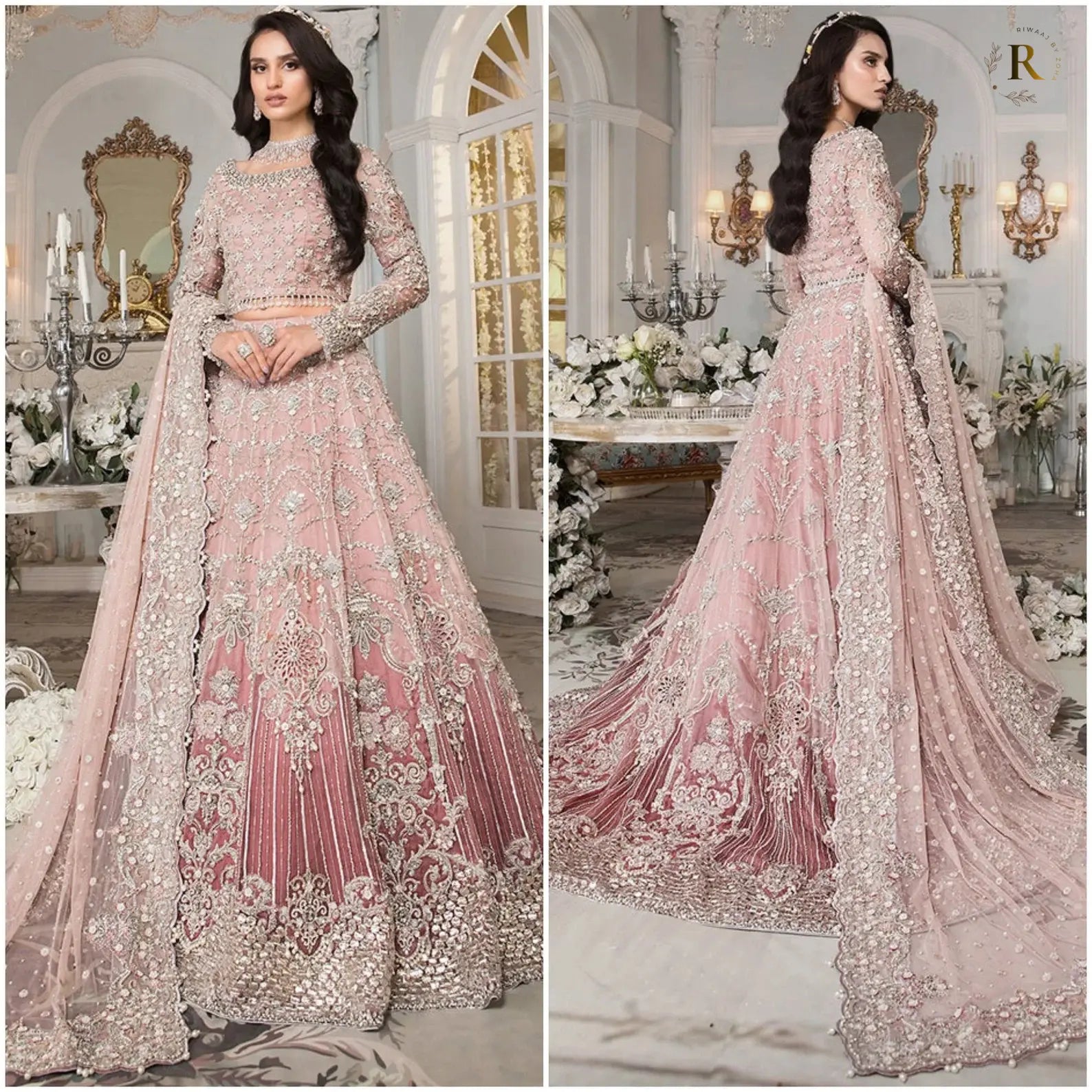 Embroidered Wedding Gown Powder Pink Maxi Suit