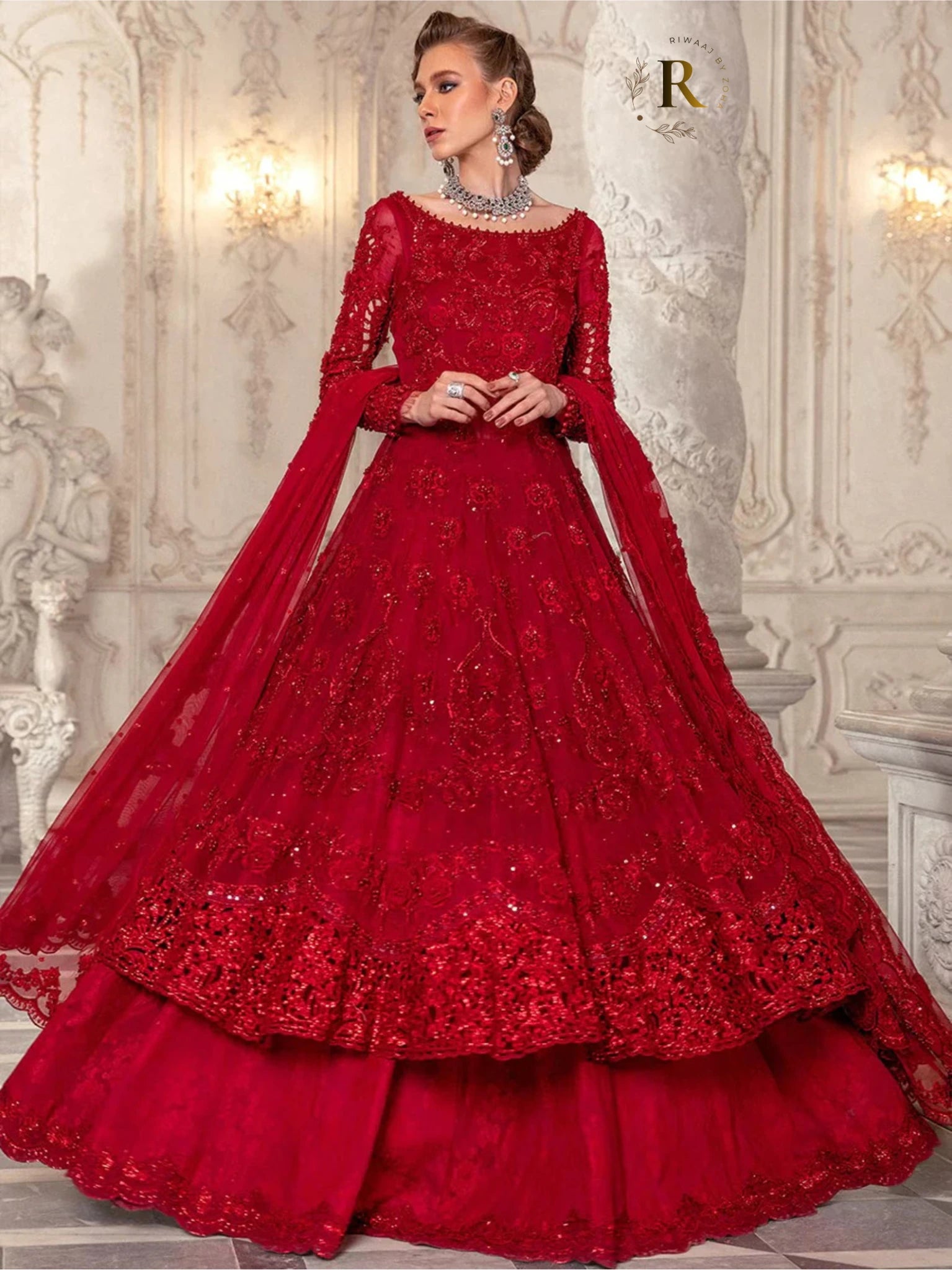 Red Organza Lehenga – Embroidered Pakistani Indian Gown, Wedding Party Dress