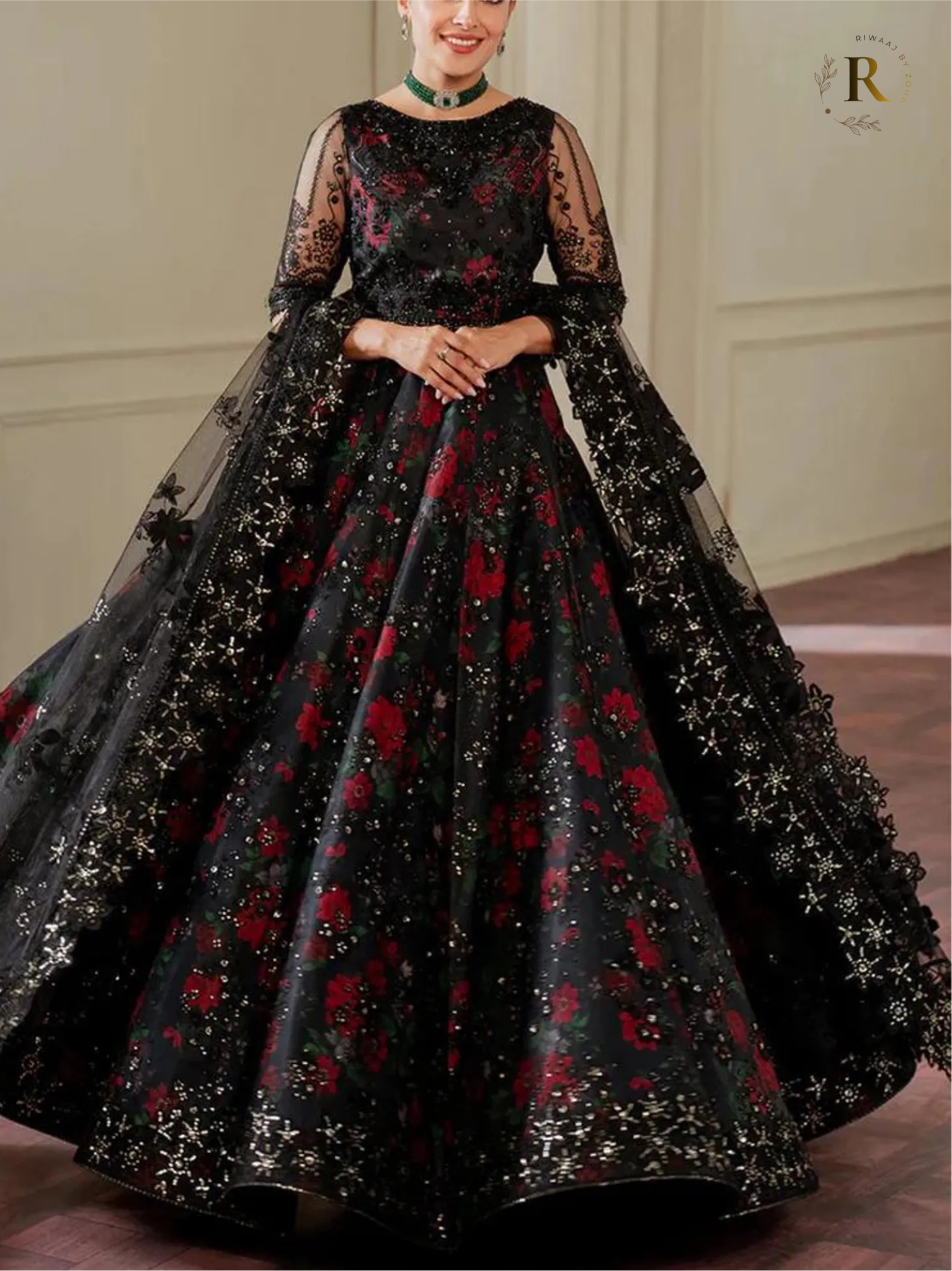 Handmade Embroidered Pakistani Indian Wedding Dress – Black Floral Maxi Lehenga Choli