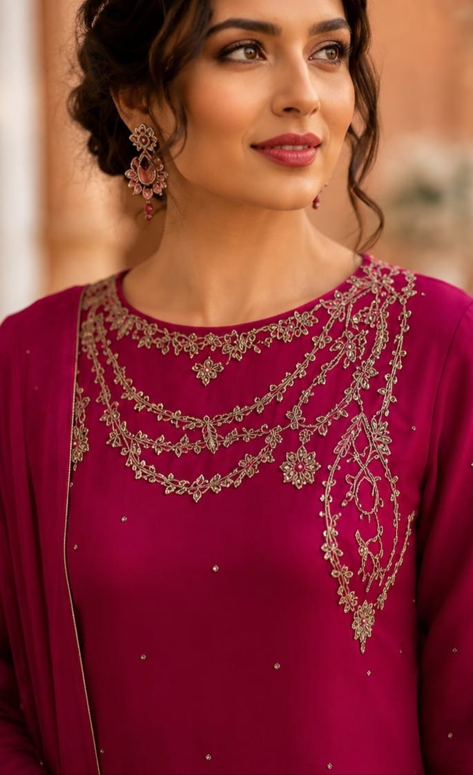Magenta Hand Embellished Crinkle 3-Piece Suit