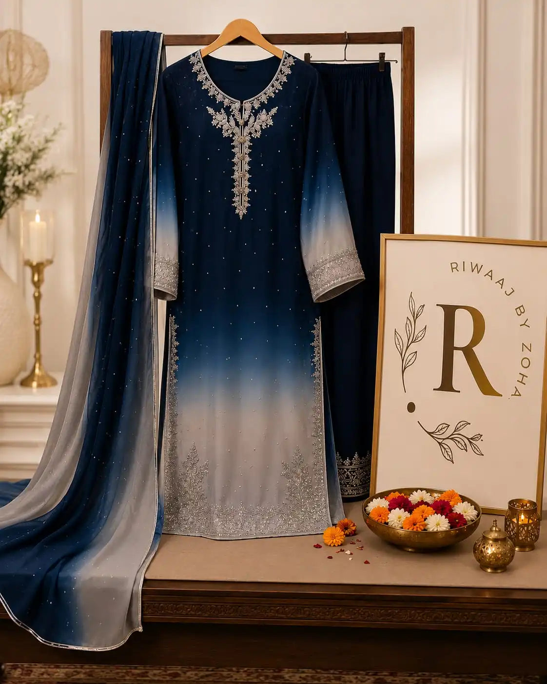 Navy Blue Embroidered Korean Raw Silk Dress with Pure Chiffon Dupatta – Pakistani Luxury 3-Piece Suit | Party & Festive Wear