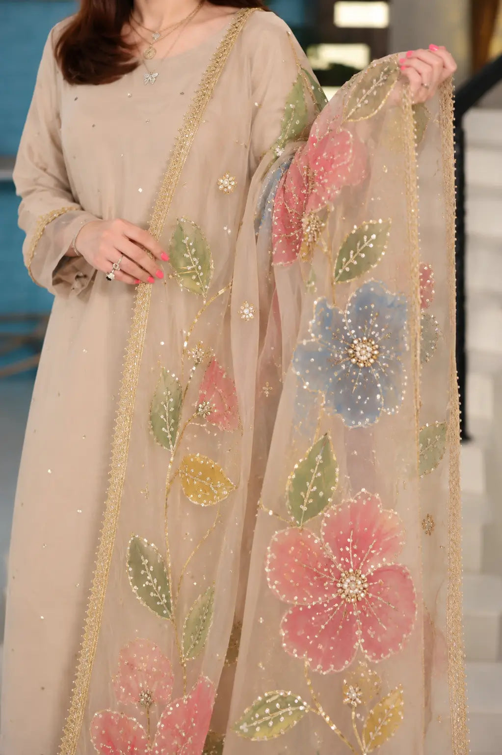 Elegant Skin Raw Silk Hand-Embellished Suit