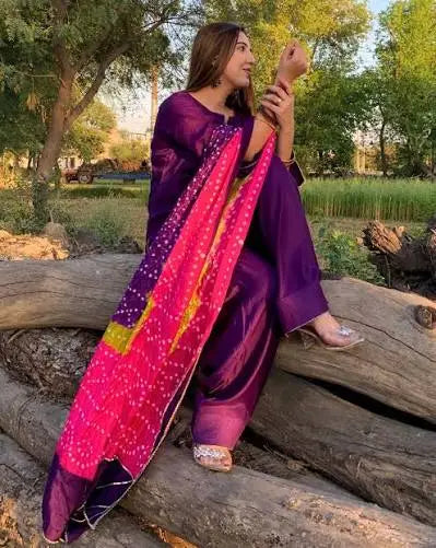 Plain Slub Dress with Colorful Chunri Chiffon Dupatta – Pakistani Traditional 2-Piece Suit | Heritage Festive Wear