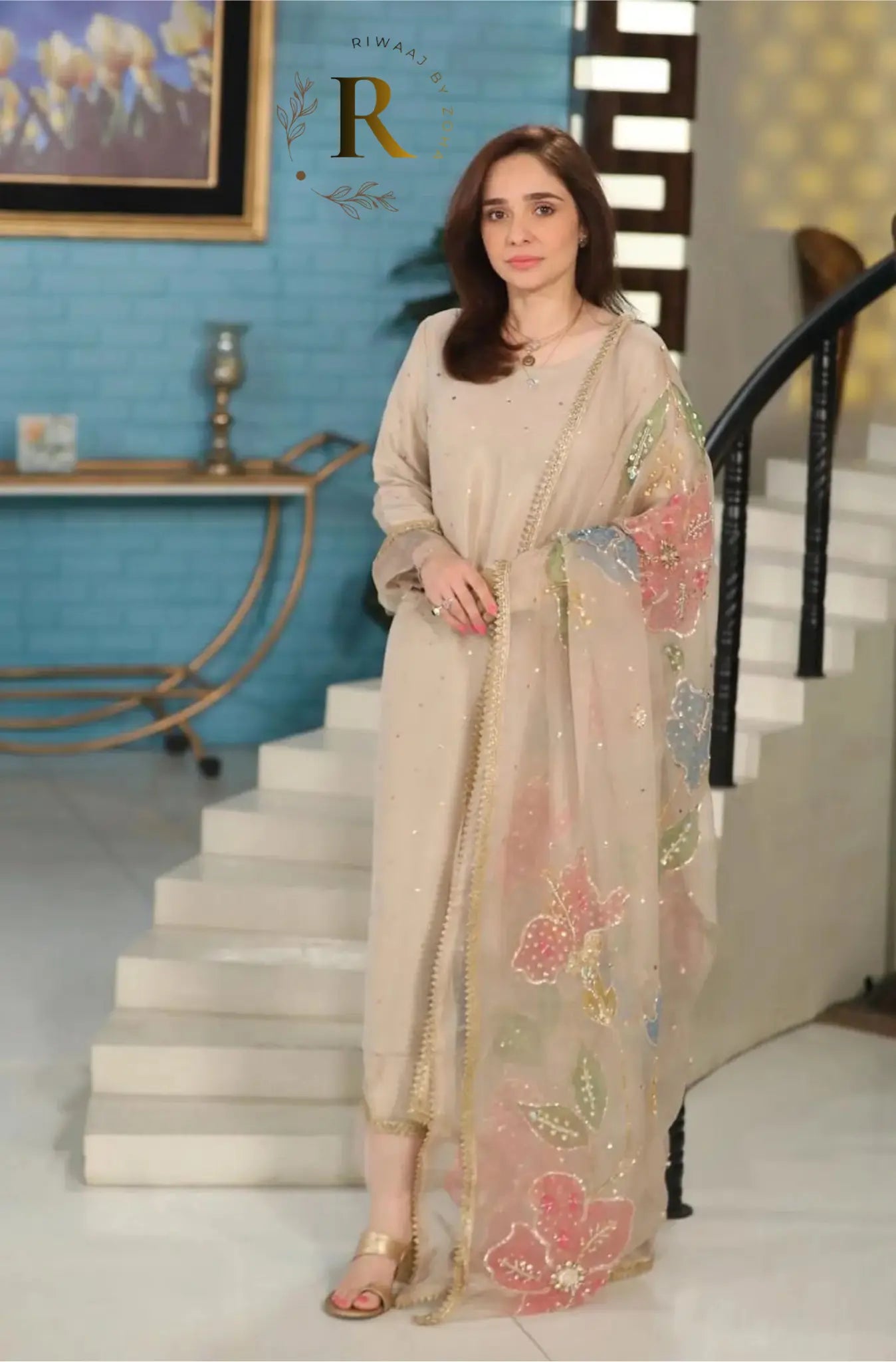 Elegant Skin Raw Silk Hand-Embellished Suit